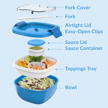 Bentgo® Salad Container (2-Pack) - Blue | Includes Fork Cover, Fork, Airtight Lid, Easy-Open Clips, Sauce Lid, Sauce Container, Toppings Tray, And Bowl
