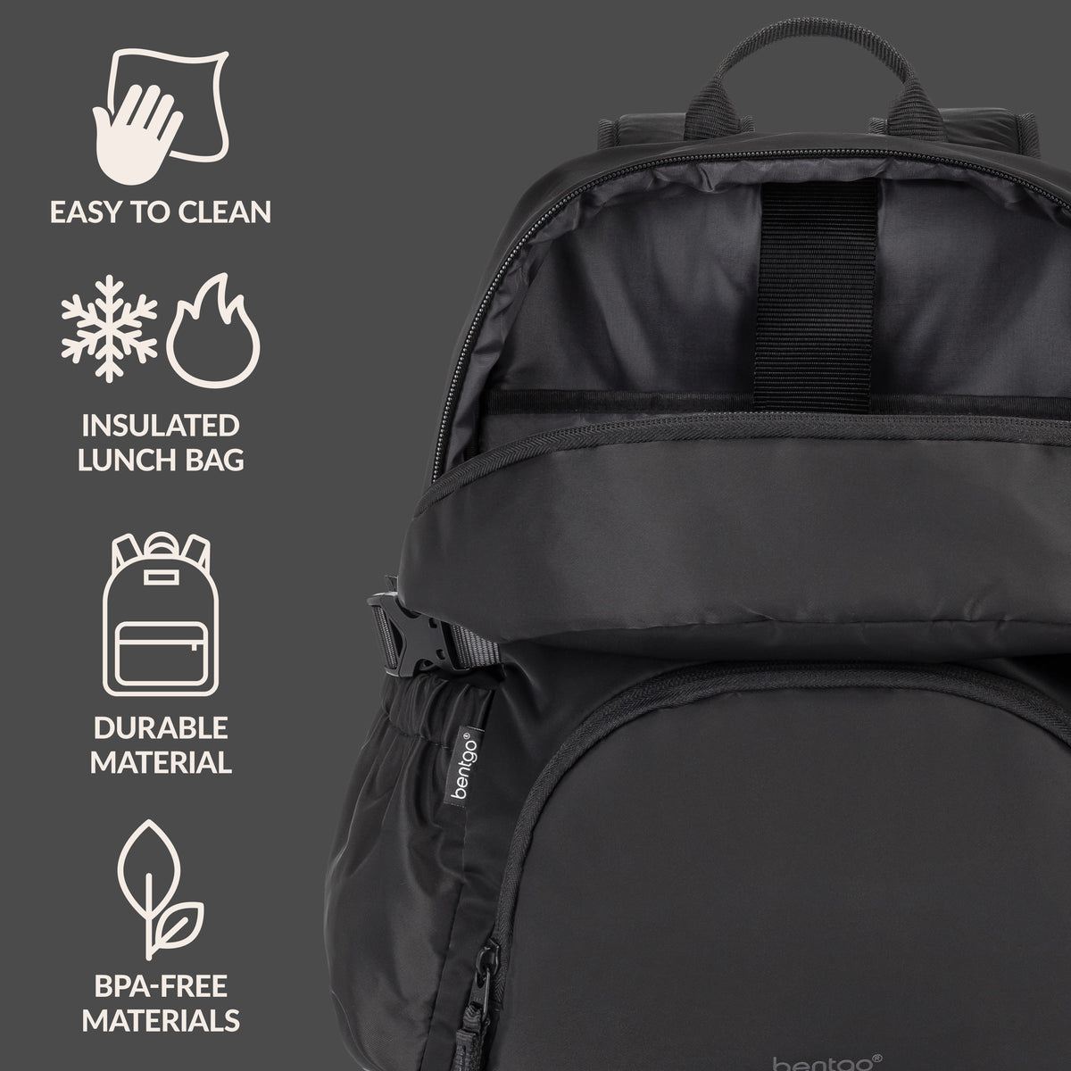 Bentgo® 2-in-1 Backpack & Lunch Bag - Obsidian Charcoal | Easy To Clean, Insulated Lunch Bag, Durable Material, And Made With BPA-Free Materials