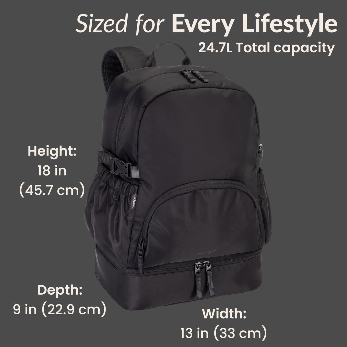 Bentgo® 2-in-1 Backpack & Lunch Bag - Obsidian Charcoal | Sized For Every Lifestyle - Product Dimensions