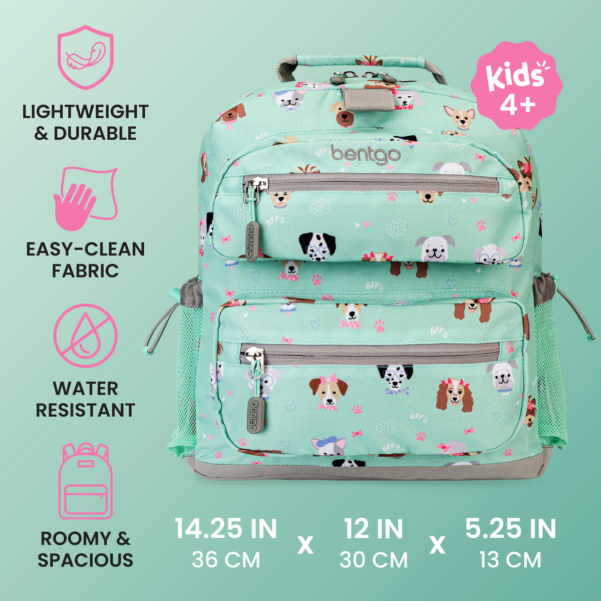 Bentgo Kids Prints Backpack - Puppy Love | Lightweight & Durable, Easy-Clean Fabric, Water-Resistant, Roomy & Spacious - Product Dimensions