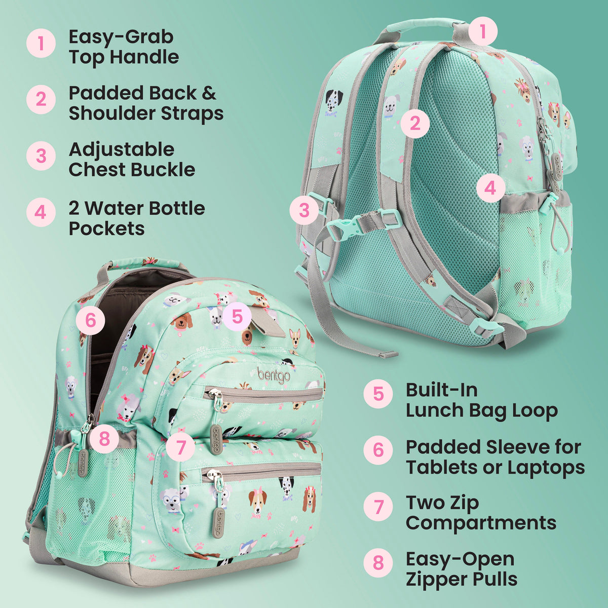 Bentgo Kids Prints Backpack - Puppy Love | Easy-Grab Top Handle, Padded Back & Shoulder Straps, Adjustable Chest Buckle, 2 Water Bottle Pockets, Built-In Lunch Bag Loop, Padded Sleeve For Tablets Or Laptops, Two Zip Compartments, And Easy-Open Zipper Pulls
