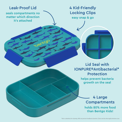 Bentgo® Kids Snap & Go Lunch Box (2-Pack) | Sharks - Our Lunch Box Features A Leak-Proof Lid, Kid-Friendly Locking Clips, Lid Seal with IONPURE Antibacterial Protection, and 4 Large Compartments