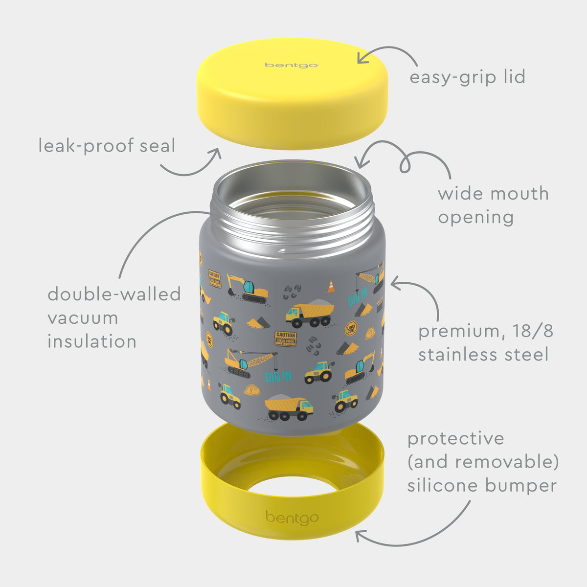 Bentgo® Kids Stainless Steel Food Jar - Construction Trucks | Stainless Steel Food Jar Features Leak-Proof Seal, Easy-Grip Lid, Wide Mouth Opening, And Much More