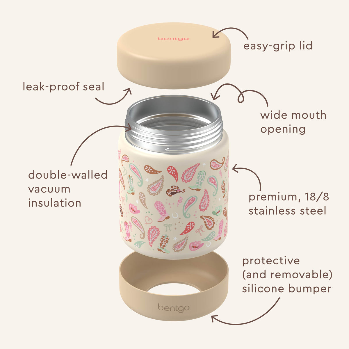 Bentgo® Kids Stainless Steel Food Jar - Cowgirl Dreams | Stainless Steel Food Jar Features Leak-Proof Seal, Easy-Grip Lid, Wide Mouth Opening, And Much More