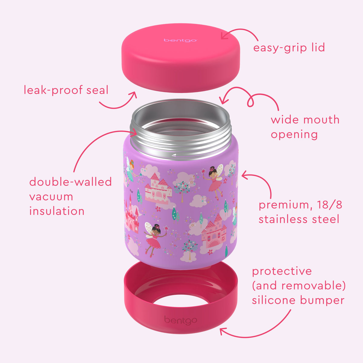 Bentgo® Kids Stainless Steel Food Jar - Fairies | Stainless Steel Food Jar Features Leak-Proof Seal, Easy-Grip Lid, Wide Mouth Opening, And Much More