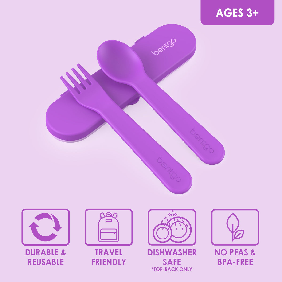 Bentgo® Kids Utensils Set - Purple| Ages 3+ | Durable & Reusable, Travel Friendly, Dishwasher Safe (Top-Rack Only), and No PFAS & BPA-Free