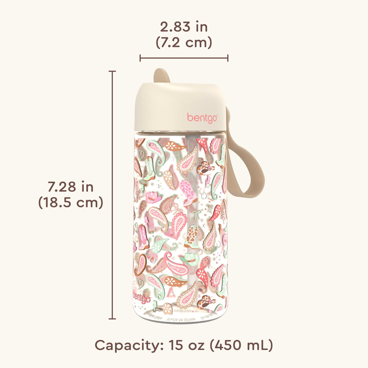Bentgo Kids Water Bottle - Cowgirl Dreams | Product Dimensions