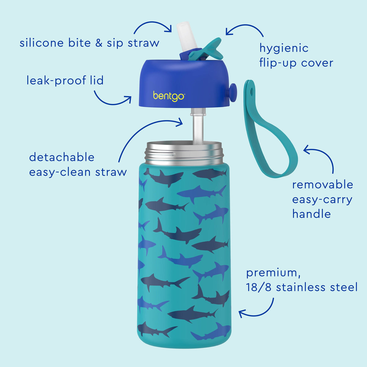 Bentgo® Kids Stainless Steel Insulated Water Bottle - Sharks | Water Bottle Features Silicone Bite & Sip Straw, Hygienic Flip-Up Cover, Leak-Proof Lid, Premium, 18/8 Stainless Steel And Much More