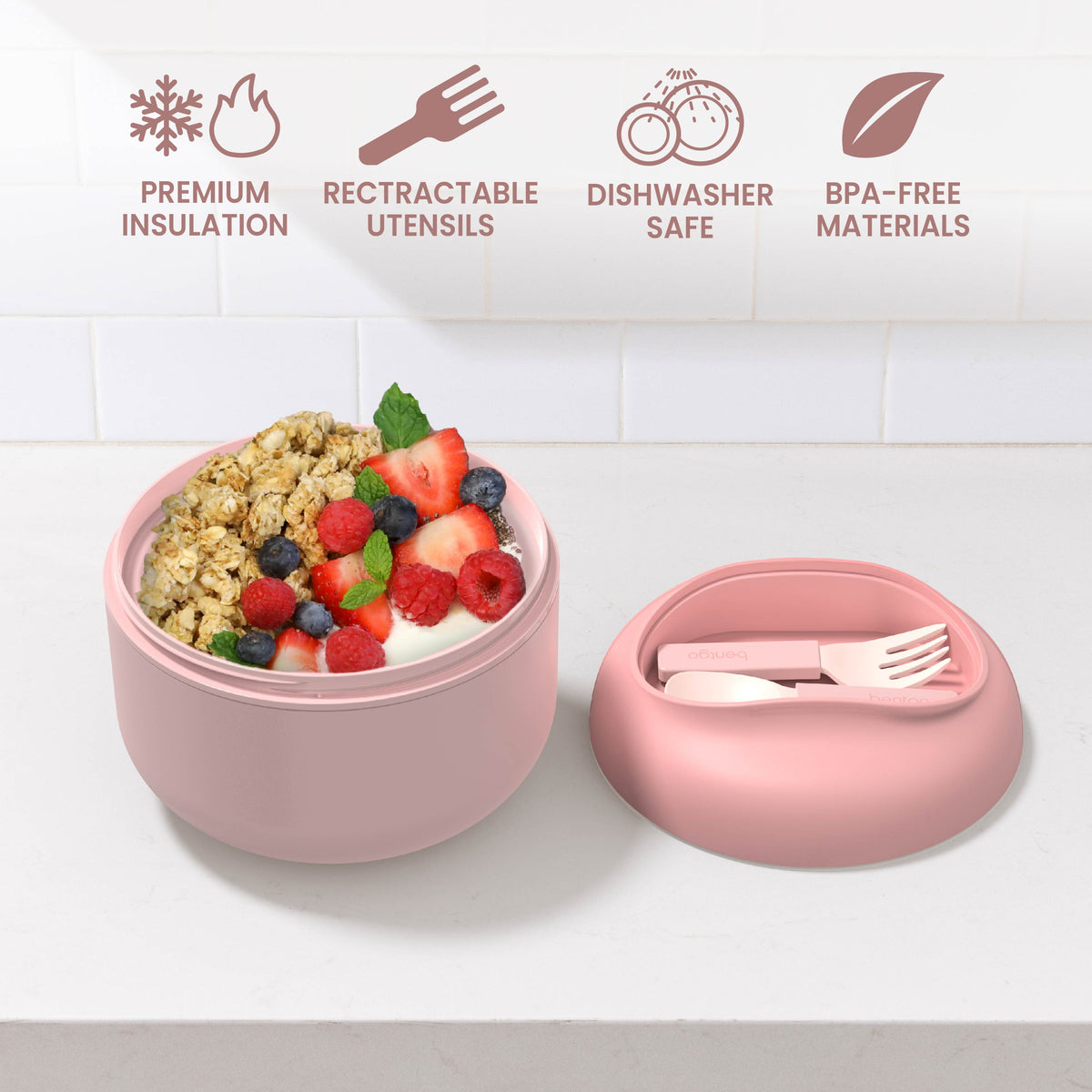 Bentgo® Bowl (2-Pack) - Blush | Premium Insulation, Retractable Utensils, Dishwasher Safe, And BPA-Free Materials