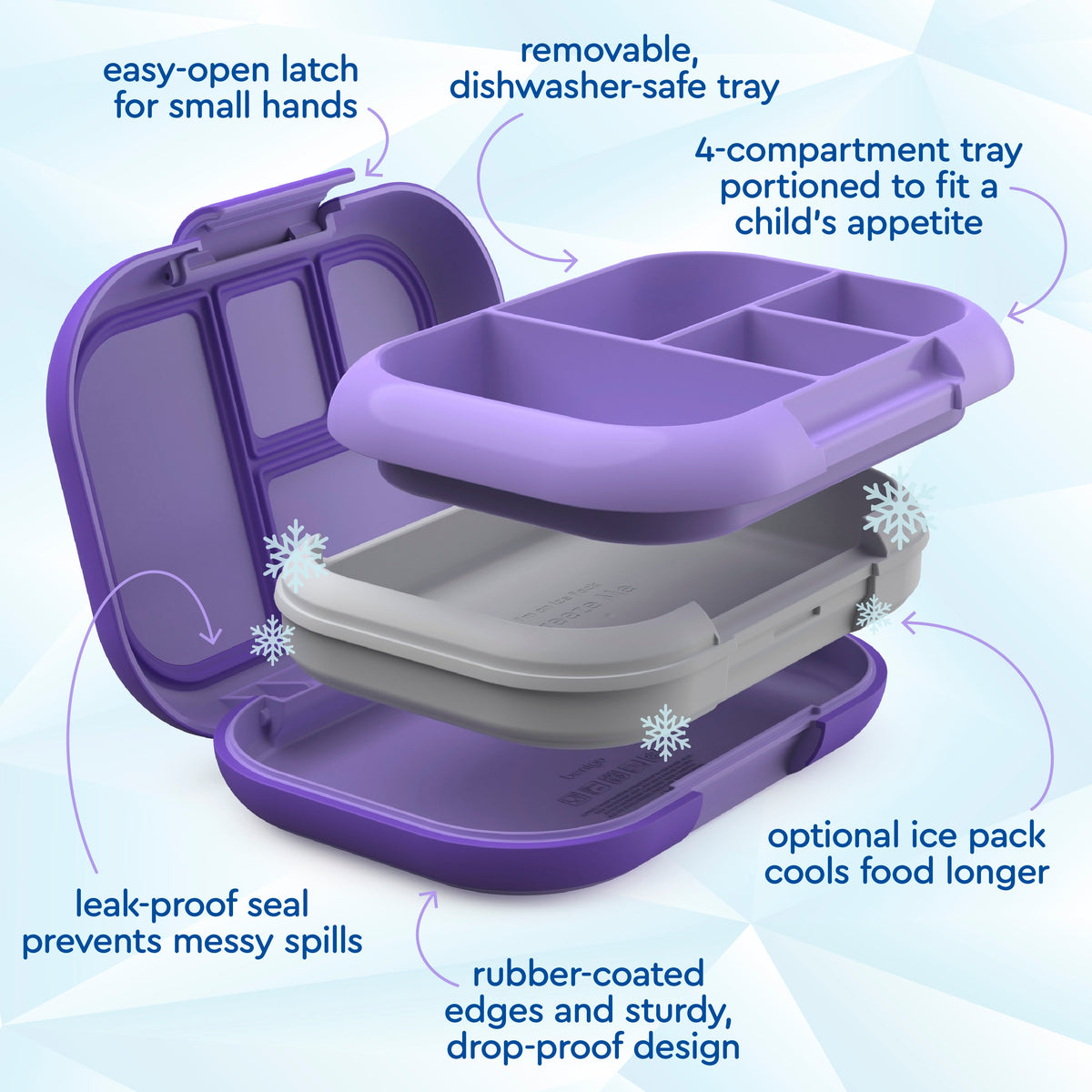 Bentgo® Chill Kids Lunch - Purple | Easy-Open Latch For Small Hands, Removable, Dishwasher-Safe Tray, 4-Compartment Tray Portioned To Fit A Child’s Appetite, Leak-Proof Seal Prevents Messy Spills, Optional Ice Pack Cools Food Longer, Rubber-Coated Edges And Sturdy, Drop-Proof Design