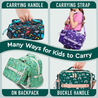Bentgo® Kids Prints Lunch Bag - Green Rainbow | Many Ways For Kids To Carry - Carrying Handle, Shoulder Strap, On Backpack, And Buckle Handle