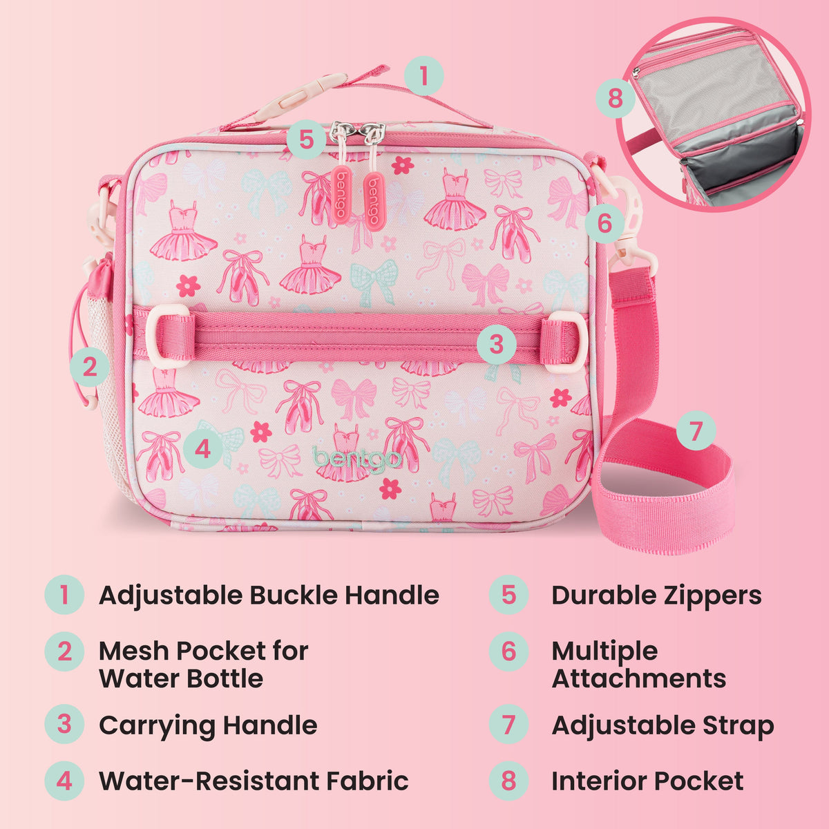 Bentgo Kids Prints Lunch Bag - Ballet and Bows | Adjustable Buckle Handle, Mesh Pocket For Water Bottle, Carrying Handle,Water-Resistant Fabric, Durable Zipper, Multiple Attachments, Adjustable Strap, And Interior Pocket