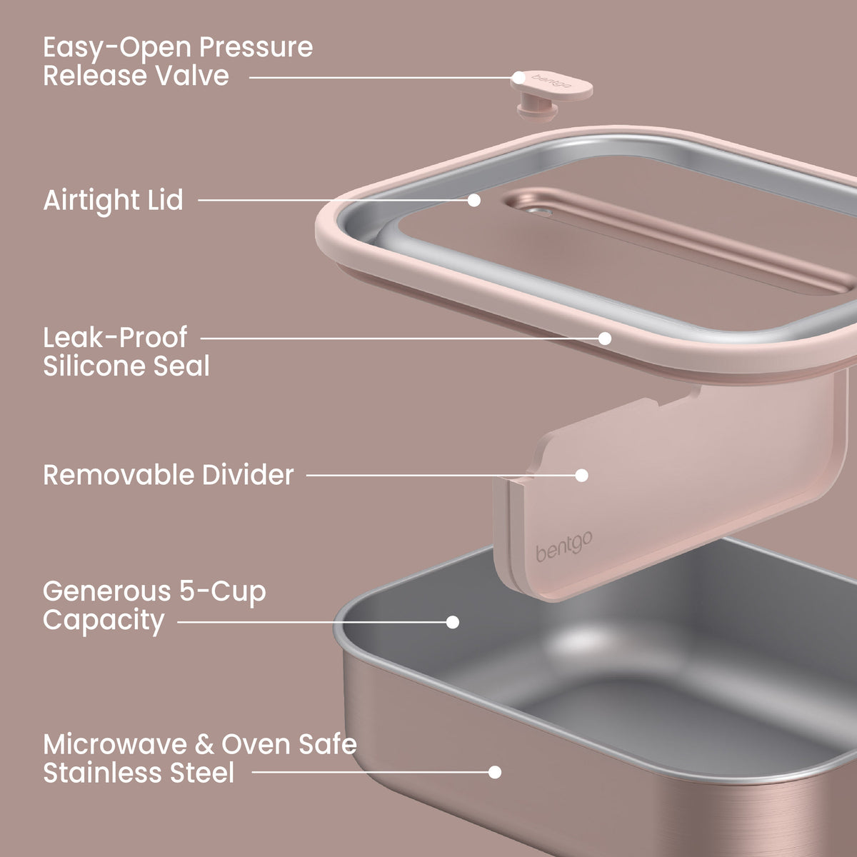 Bentgo® MicroSteel Lunch Box - Rose Gold | Easy-Open Pressure Release Valve, Airtight Lid, Leak-Proof Silicone Seal, Removable Divider, Generous 5-Cup Capacity, And Microwave & Oven Safe Stainless Steel